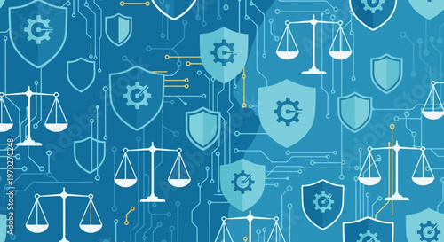 Digital law and justice represented by scales and security shields integrated with circuit board patterns and technology concepts symbolizing cybersecurity and legal technology advancements in a