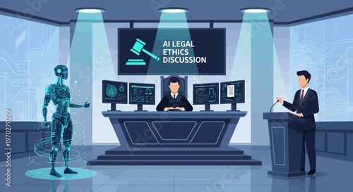 Artificial Intelligence Ethical Debate Taking Place In A Futuristic Conference Room With A Speaker Presenting To An Audience And A Robot Standing On Display Representing Technology Advancement