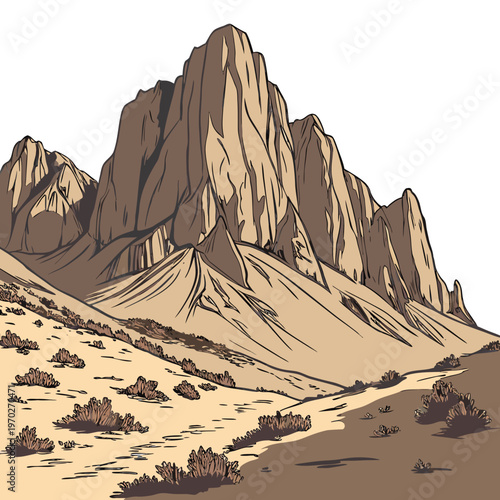 A stylized illustration depicts a rugged mountain range with sparse desert vegetation in the foreground showcasing arid terrain high quality