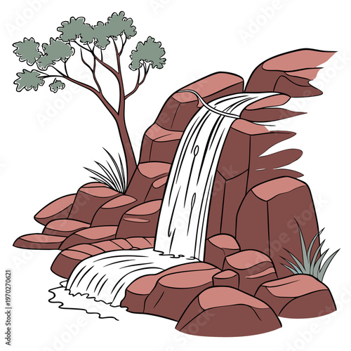 A charming cartoon illustration depicts a small waterfall cascading down reddish brown rocks framed by lush green foliage and plants