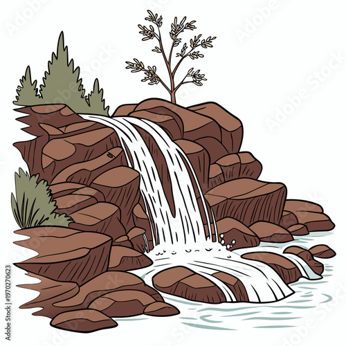 A charming illustration depicts a cascading waterfall flowing over layered reddish brown rocks amidst lush greenery and trees high quality