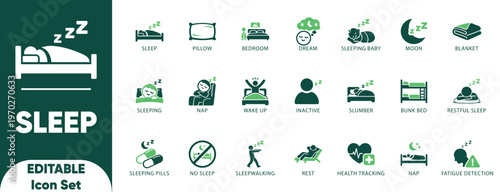 Sleep icon set. disorder, dream, dreaming, insomnia, slumber, sleeping, moon, sleep, nap, night, pillow, illustration, and icons.