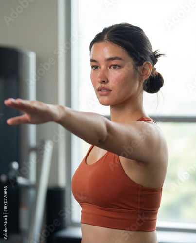 Latina Woman in Warrior II Yoga Pose with Natural Light in Modern Gym