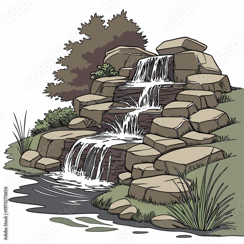 A vibrant illustration depicts a tiered rock waterfall cascading into a pool surrounded by lush greenery and foliage high quality