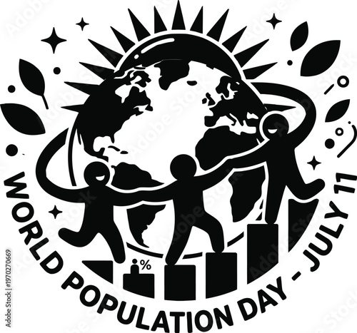 World Population Day bold black typography with globe icon isolated on white background .