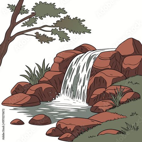 A vibrant illustration depicts a small waterfall cascading over reddish brown rocks into a tranquil pool framed by lush greenery