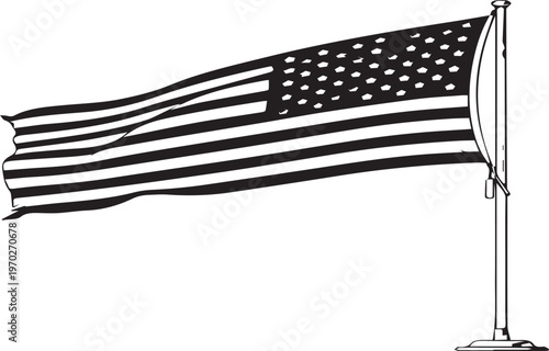American flag, USA flag, black and white, vector illustration, flag on pole