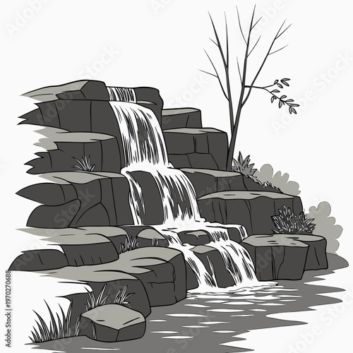 A grayscale illustration depicts a tiered waterfall cascading down rocky formations complemented by sparse vegetation and tranquil waters high quality