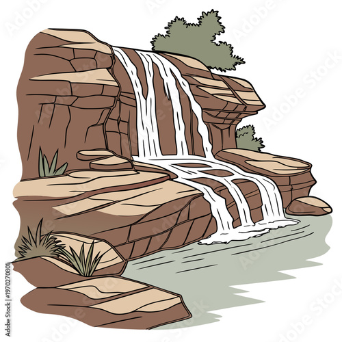 A colorful cartoon illustration depicts a cascading waterfall flowing over layered brown rocks into a tranquil pool below high quality