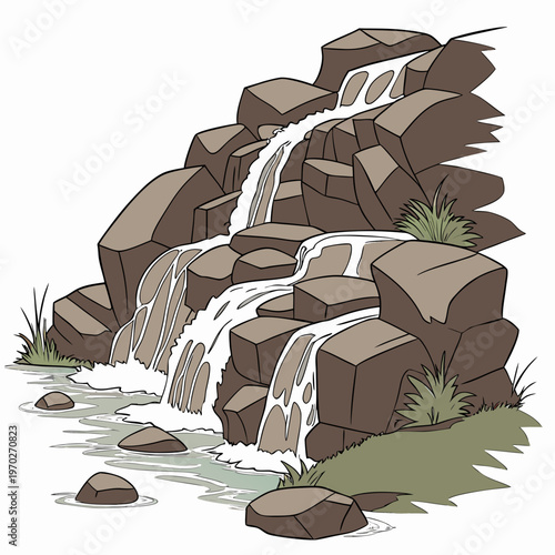 A colorful illustration depicts a cascading waterfall flowing over jagged brown rocks with lush green vegetation nearby high quality professional