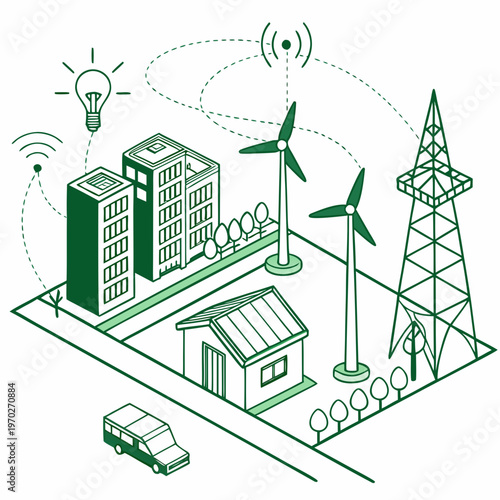 An isometric illustration depicts a sustainable city powered by renewable energy sources like wind solar and a smart grid