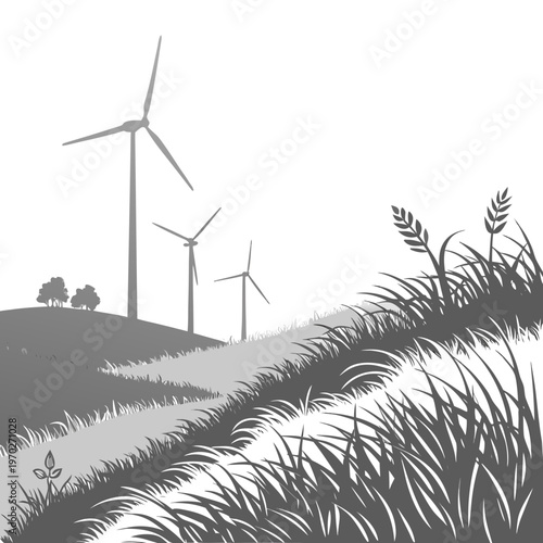 A grayscale landscape featuring rolling hills sparse vegetation and several modern wind turbines generating clean energy high quality professional detailed