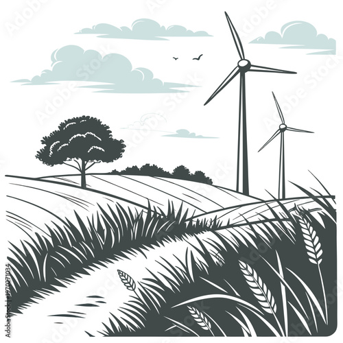 A stylized illustration depicts a rural landscape featuring wind turbines a solitary tree and rolling green hills high quality professional
