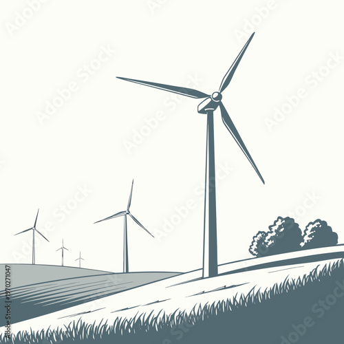 A minimalist illustration depicts several wind turbines standing on a rolling green hill under a pale sky high quality professional