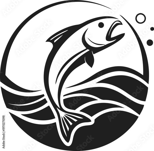 A minimalist black and white circular emblem featuring a fish jumping out of the ocean waves