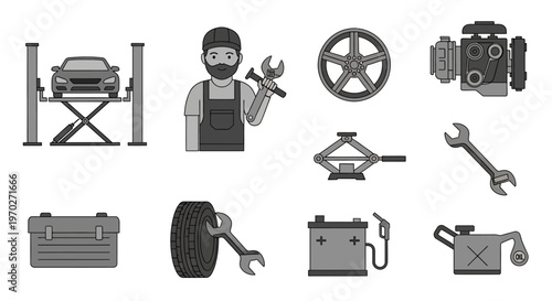 A set of icons related to car repair and maintenance services.