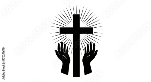 Christianity symbol with cross and hands.