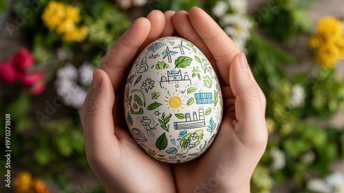 A close-up, top-down shot of two hands gently cradling a large Easter egg, adorned with an intricate and colorful eco-friendly design.  