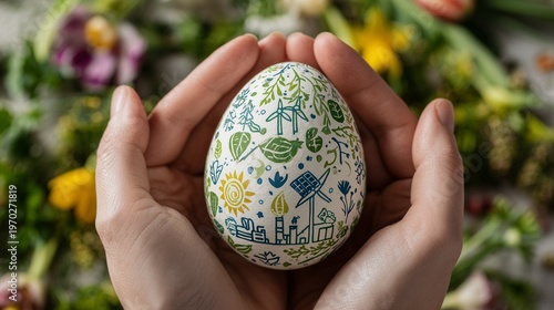 A close-up, top-down shot of two hands gently cradling a large Easter egg, adorned with an intricate and colorful eco-friendly design.  