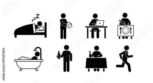 Black silhouette icons of daily human activities.