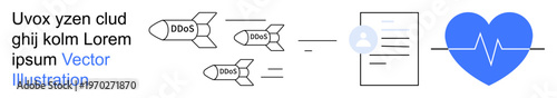 Cybersecurity, data protection, DDoS attacks, risk management, system security, online safety. ion of rockets labeled DDoS aimed at a document and a heart with a pulse line. Cybersecurity and data