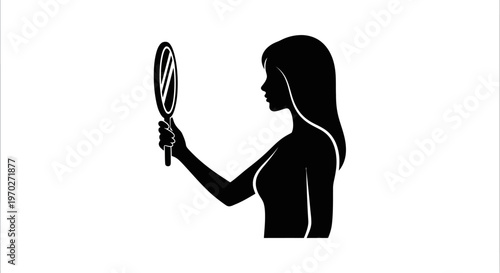 Woman's silhouette holding a hand mirror in profile, beauty and self-reflection concept, isolated white background.