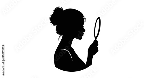 Woman's silhouette holding and looking into a hand mirror, self-care and beauty concept, isolated white background.