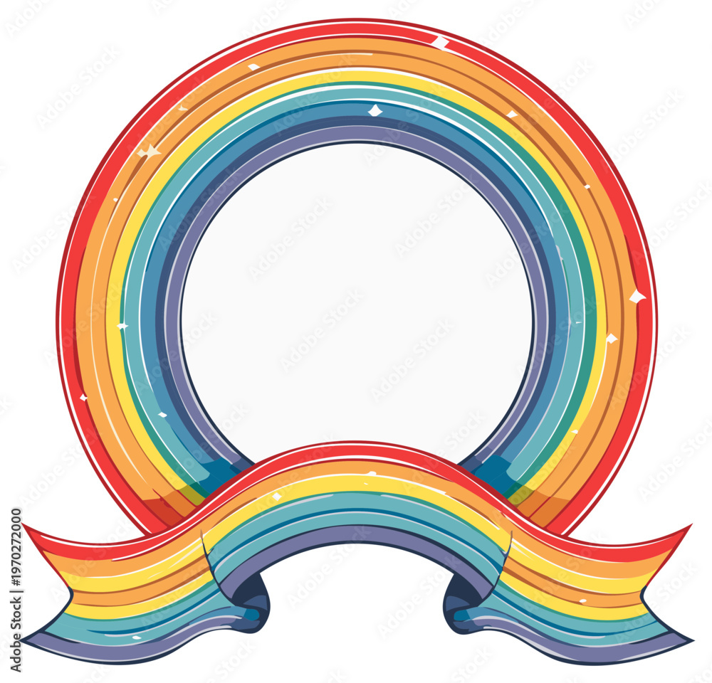 Obraz premium Circular Rainbow Frame with Ribbon Banner and Sparkles