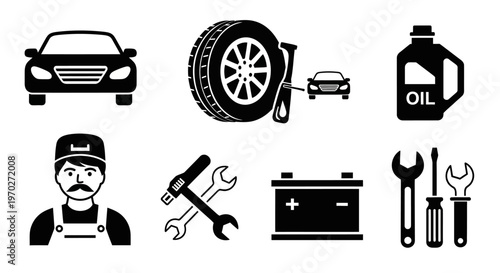Set of Car Repair Service and Maintenance Icons, Automotive Workshop Tools on Isolated White Background