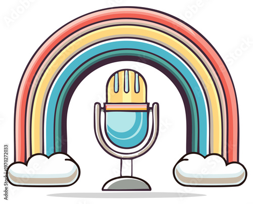 Retro microphone under colorful rainbow arch and fluffy clouds
