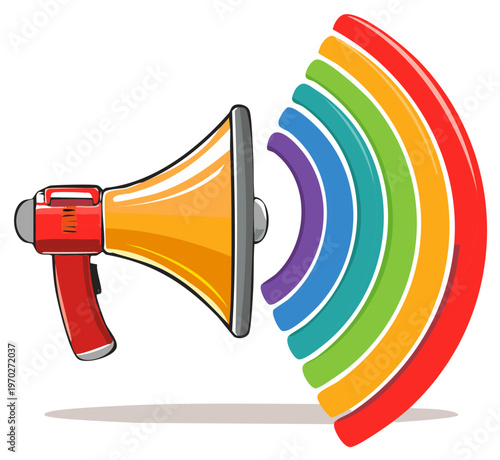 Cartoon megaphone broadcasting colorful rainbow sound waves, symbolizing vibrant communication and equality advocacy