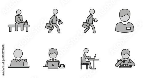 Set of Business People Icons Working and Interacting, Everyday Activities on Isolated White Background