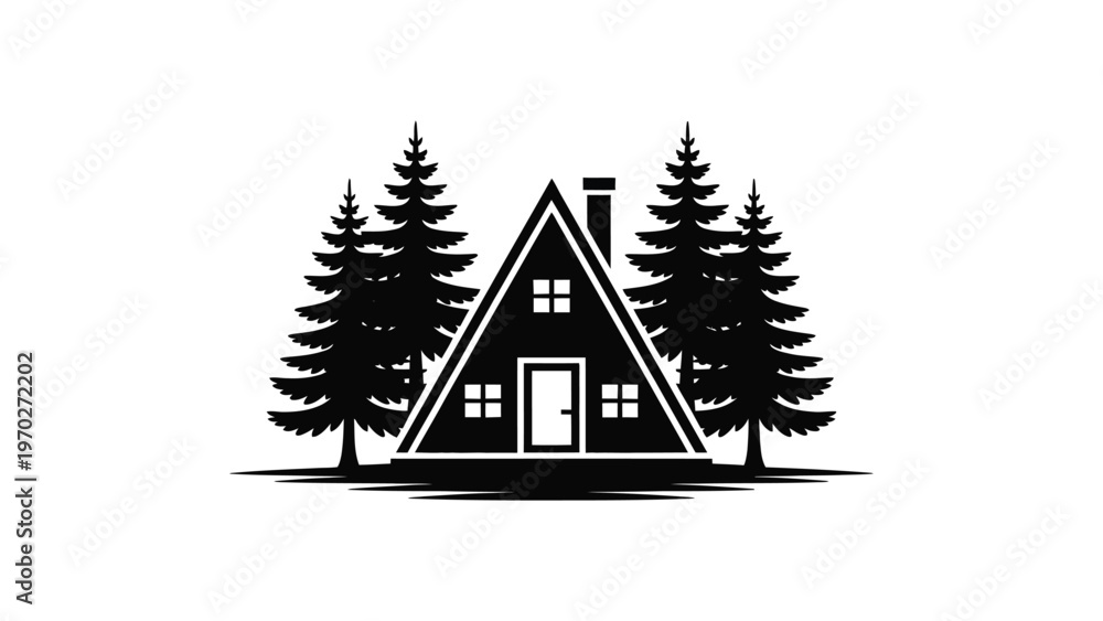 Obraz premium Cozy cabin house in pine forest silhouette black vector illustration rustic home landscape nature lodge isolated on transparent background