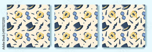 Seamless Pattern set in Mens Style for Fathers Day. Gentleman Background Print with Elements Hat Watch Tie Mustache Glasses Trophy Cup. Cute Fathers Day Seamless Pattern for Fathers Day Man Dad Daddy.