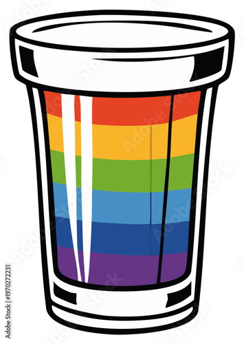 Shot glass filled with a colorful rainbow spectrum layered liquid design illustration