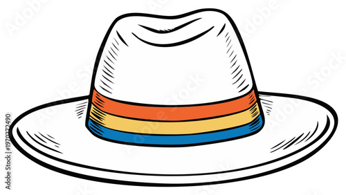Elegant Panama hat illustration with colorful striped band, a fashionable classic accessory, hand-drawn style for stylish summer wear