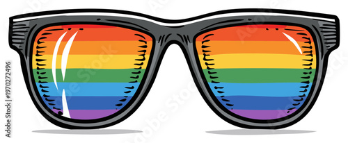 Fashionable sunglasses reflecting rainbow flag colors, symbolizing pride and diversity