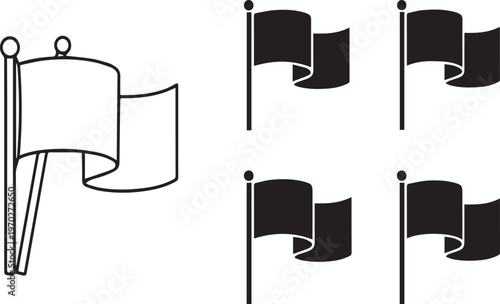 Flag icons, black and white flag symbols, waving flags, flag banners, vector flags