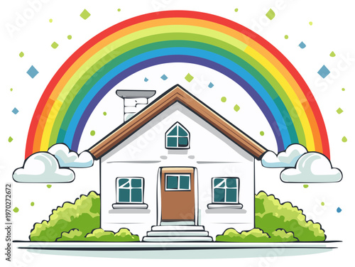 Cartoon house with rainbow and clouds, colorful home illustration