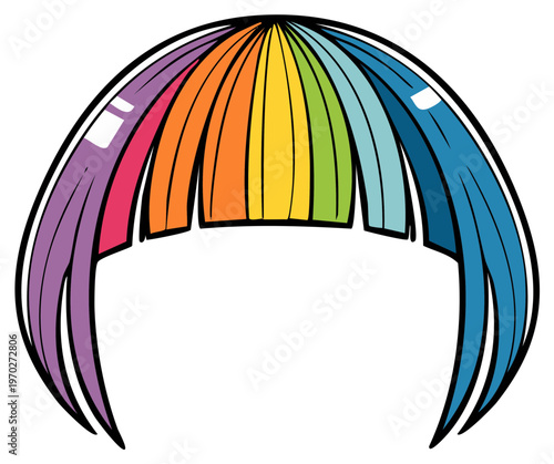 Rainbow colored wig cartoon illustration, colorful hair with fringe, party costume