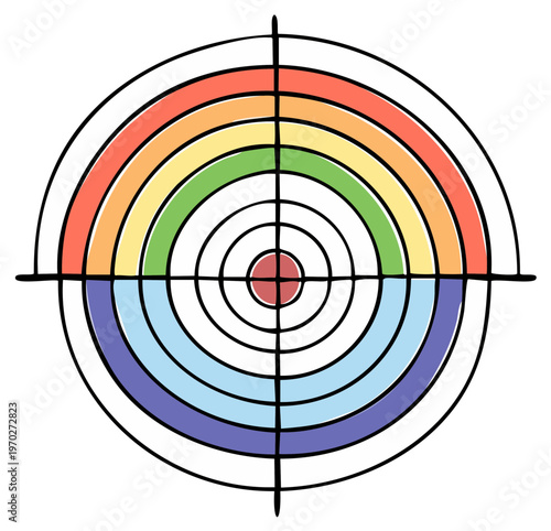 Circular target with rainbow and blue concentric rings divided by crosshairs