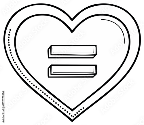 Heart shape with equal sign inside representing equality and love in a simple outline drawing