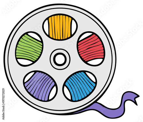 Colorful thread on a vintage film reel with a ribbon