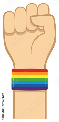 Clenched hand with rainbow wristband symbolizing LGBTQ+ pride, solidarity, and human rights