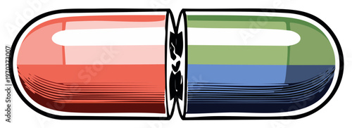 Illustration of a split capsule with red and green sections