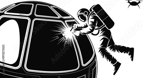 Close-up of an astronaut welding a large, curved spacecraft window with intense sparks emanating from the torch in a dramatic black and white scene