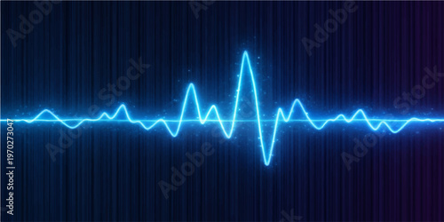 A medical illustration of a green EKG heartbeat wave pulsing across a blue monitor screen to display a patient's life rate and cardiac health on an abstract digital electrocardiogram