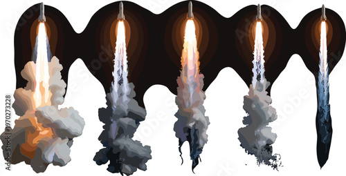 Sequential depiction of rocket launches with vibrant plumes of smoke and fire illustrating the progression of ascent and exhaust dynamics against a dark, abstract background
