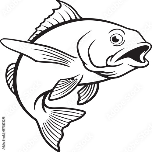 A simple black and white line art illustration of a fish jumping out of the water for coloring