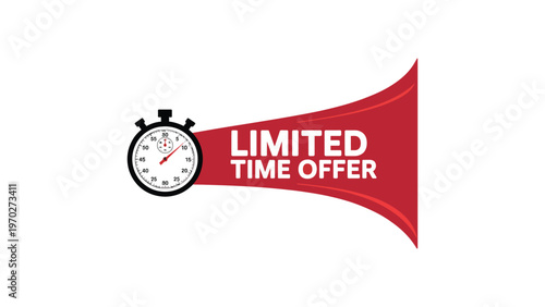 Limited time offer red banner with stopwatch icon urgency promotion label discount sale marketing announcement isolated on transparent background